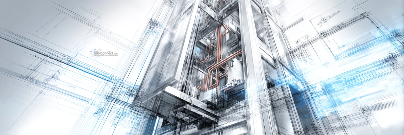 Person im Aufzug mit Sicherheitszeichen und Informationssymbolen