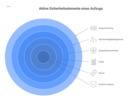Ein Systemdiagramm, das die Reaktion von aktiven Sicherheitselementen eines Aufzugs, wie Fangvorrichtung und Geschwindigkeitsbegrenzer, bei Störungen visualisiert.