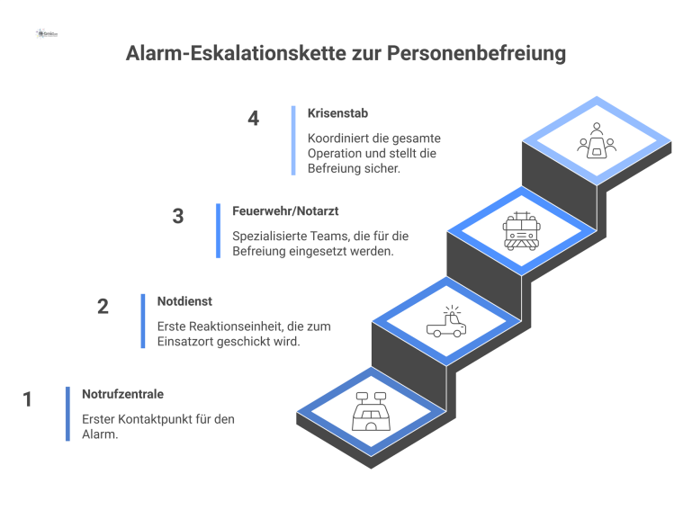 Ein vierstufiges Flussdiagramm der Alarm-Eskalationskette zur Personenbefreiung, das von der Notrufzentrale bis zum Krisenstab reicht, mit einem 30-Minuten-Zeitlimit.