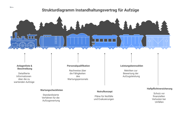 Strukturdiagramm zum Instandhaltungsvertrag für Aufzüge mit einem zentralen Knoten und sechs verbundenen Boxen für die Vertragsanlagen.