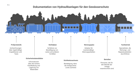 Infografik einer Hydraulikanlage, die von einem Schutzschild aus Dokumenten wie Prüfprotokollen, Notfallplan und Wartungsplan umgeben ist.