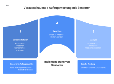 Diagramm eines Aufzugs mit Sensoren, deren Datenfluss zu einem Analysesystem führt, das Verschleiß erkennt und gezielte Wartung ermöglicht.