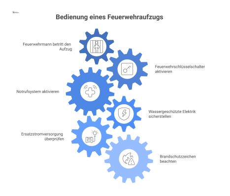 Infografik zur Bedienung eines Feuerwehraufzugs, die einen Feuerwehrmann am Kontrollpanel mit Schlüsselschalter und beschrifteten Symbolen zeigt. 