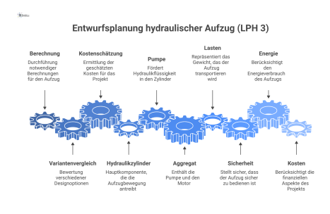 Technisches Diagramm zur Entwurfsplanung eines hydraulischen Aufzugs mit den Hauptkomponenten und dem Prozess von Berechnung über Variantenvergleich bis zur Kostenschätzung.