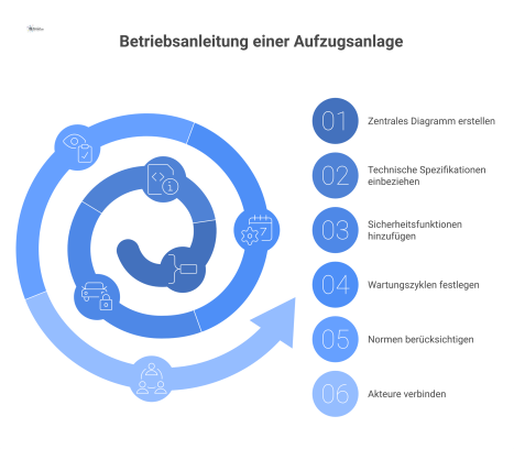 Mindmap zur Betriebsanleitung einer Aufzugsanlage, die technische Spezifikationen, Sicherheitsfunktionen, Wartungszyklen, Normen und die beteiligten Akteure darstellt.