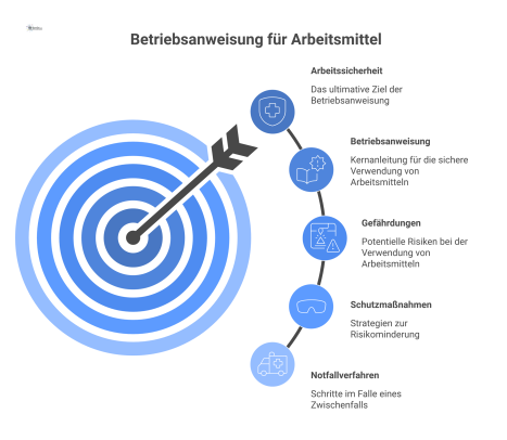 Infografik, die eine Betriebsanweisung im Zentrum zeigt, mit Pfeilen zu den Inhalten Gefährdungen, Schutzmaßnahmen, Notfallverfahren und Unterweisung.