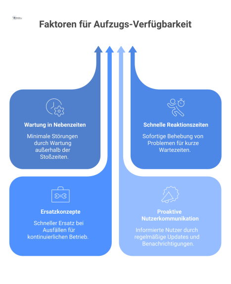 Infografik über vier Faktoren für hohe Aufzugs-Verfügbarkeit: Wartung in Nebenzeiten, schnelle Reaktion, Ersatzkonzepte und proaktive Nutzerkommunikation.