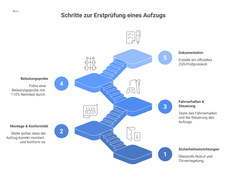  Infografik, die die vier Hauptprüfpunkte der Erstprüfung eines Aufzugs visualisiert: Sicherheitseinrichtungen, Montage, Fahrverhalten und Belastungsprobe bis zur Dokumentation.