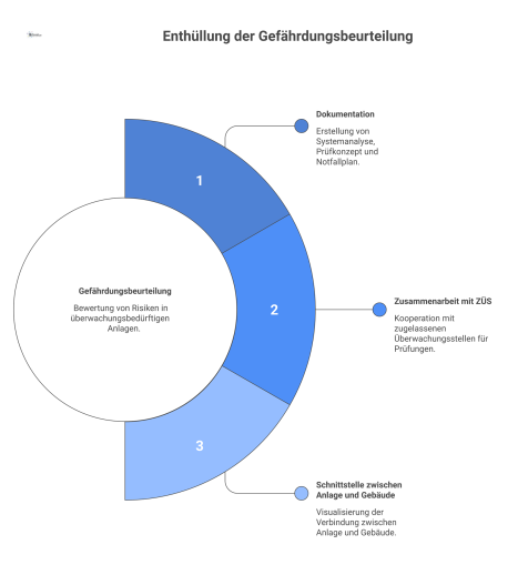  Infografik zur Gefährdungsbeurteilung: Der Betreiber erstellt die Dokumentation und arbeitet für Prüfungen mit zugelassenen Überwachungsstellen zusammen.