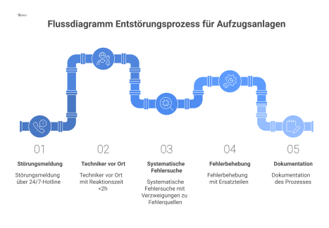 Flussdiagramm des Entstörungsprozesses bei Aufzügen, von der Meldung über die Fehlersuche durch Techniker bis zur Fehlerbehebung mit Dokumentation.