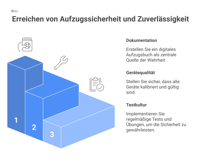 Diagramm zur Qualitätssicherung von Aufzügen Diagramm zur Qualitätssicherung von Aufzügen mit den drei Hauptästen Dokumentation, Gerätequalität und Testkultur, die vom zentralen Knotenpunkt ausgehen.