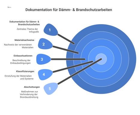  Infografik zur Dokumentation von Dämm- und Brandschutzarbeiten, die Materialnachweise, Einbausituationen, Klassifizierungen und Abschottungen nach DIN 18421 zeigt.