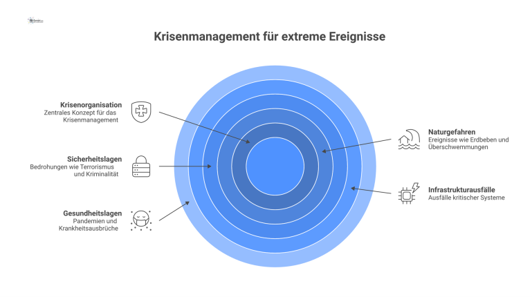 Eine Mindmap zur Krisenorganisation mit den vier Hauptkategorien Naturgefahren, Sicherheitslagen, Infrastrukturausfälle und Gesundheitslagen sowie deren präventiven und reaktiven Maßnahmen. 