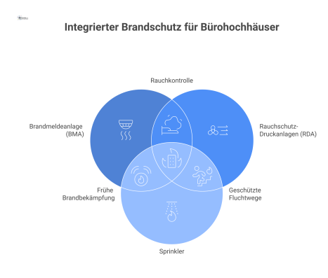 Querschnitt eines Bürohochhauses, der vernetzte Brandschutzsysteme im Brandfall zeigt, welche die Fluchtwege durch Überdruck rauchfrei halten.