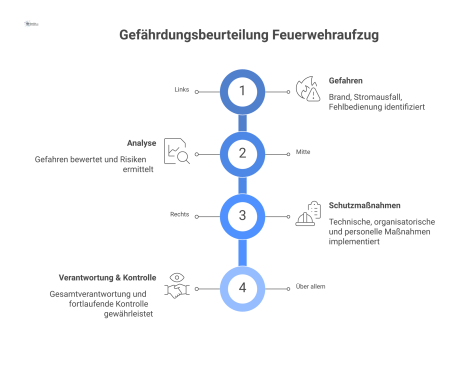  Infografik, die den Prozess einer Gefährdungsbeurteilung darstellt: von den Gefahren über die Analyse bis zu den finalen Schutzmaßnahmen.