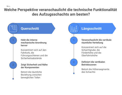 Technische Zeichnung eines Aufzugsschachts, die Querschnitt und Längsschnitt kombiniert und die Komponenten Fahrkorb, Gegengewicht, Schachtgrube und Förderhöhe zeigt. 