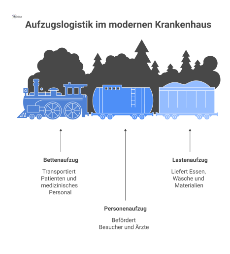  Infografik im Querschnitt, die die Aufzugslogistik eines Krankenhauses mit drei farblich getrennten Aufzugstypen für Patienten, Besucher und Lasten zeigt.