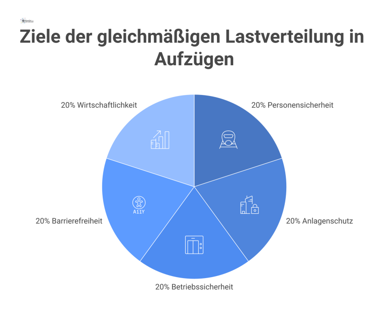 Infografik zur Lastverteilung in Aufzügen Infografik, die das zentrale Element der gleichmäßigen Lastverteilung mit den fünf Schutzzielen Personensicherheit, Anlagenschutz, Betriebssicherheit, Barrierefreiheit und Wirtschaftlichkeit verbindet