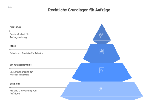 Eine Mindmap über die rechtlichen Grundlagen für Aufzüge mit den vier Hauptästen BetrSichV, EU-Aufzugsrichtlinie, EN 81 und DIN 18040. 