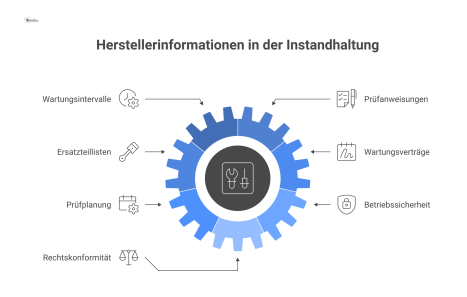 Infografik zeigt, wie Facility Management Herstellerinformationen für Wartungsverträge und Prüfplanung zur Gewährleistung der Betriebssicherheit nutzt.
