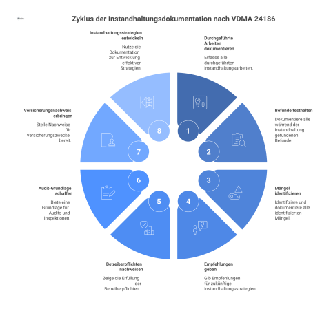  Infografik zur Instandhaltungsdokumentation nach VDMA 24186, die Kerninhalte wie Mängel und Befunde sowie den Nutzen für Betreiber darstellt.