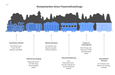 Detaillierter Querschnitt eines Hochhauses, der den Einsatz eines Feuerwehraufzugs mit feuerfestem Schacht und Überdrucksystem zur Entrauchung zeigt.