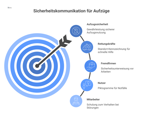 Diagramm zur Sicherheitskommunikation für Aufzüge, das die vier Zielgruppen Mitarbeiter, Nutzer, Fremdfirmen und Rettungskräfte mit ihren spezifischen Informationen zeigt.