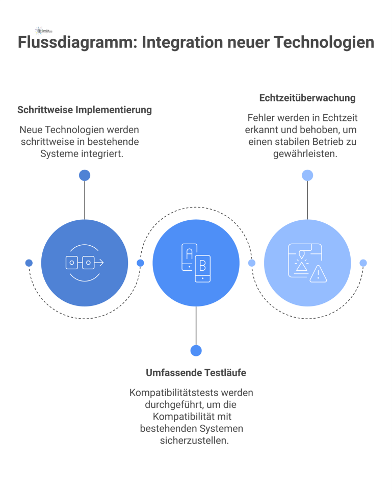 Flussdiagramm, das die risikoarme Integration neuer Technologien in drei aufeinanderfolgenden Phasen zeigt: Implementierung, Testläufe und Echtzeitüberwachung.
