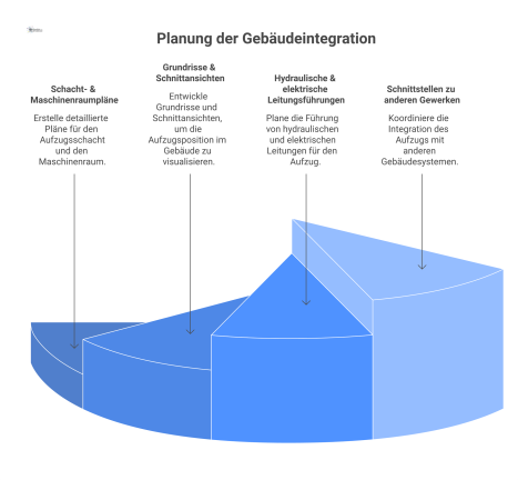 Eine Infografik über die Komponenten eines Konstruktionsplans für einen hydraulischen Aufzug, wie Schachtpläne, Grundrisse und Leitungsführungen.