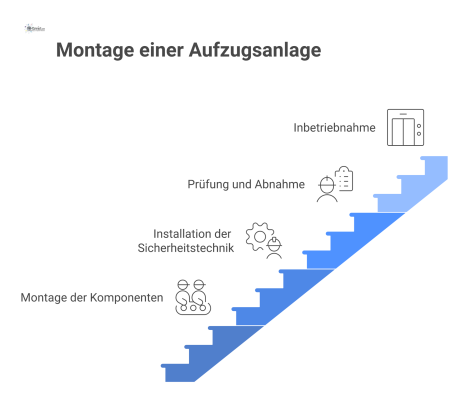 Technische Infografik, die den Montageprozess einer Aufzugsanlage in vier Schritten darstellt und einen Querschnitt des Schachts zeigt.
