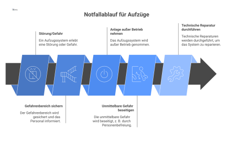 Ein lineares Flussdiagramm, das den Notfallablauf für Aufzüge mit den Schritten Gefahrensicherung, Außerbetriebnahme, Personenbefreiung und Reparatur zeigt.