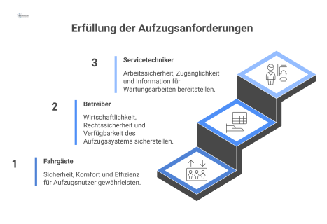 Ein Hub-and-Spoke-Diagramm, das die Anforderungen an ein Aufzugssystem für die Nutzergruppen Fahrgäste, Betreiber und Servicetechniker darstellt. 