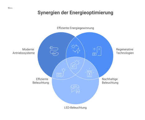 Mindmap zu Optimierungspotenzialen, die sich in vier Bereiche verzweigt: Antriebssysteme, regenerative Technologien, LED-Beleuchtung und Standby-Management. 
