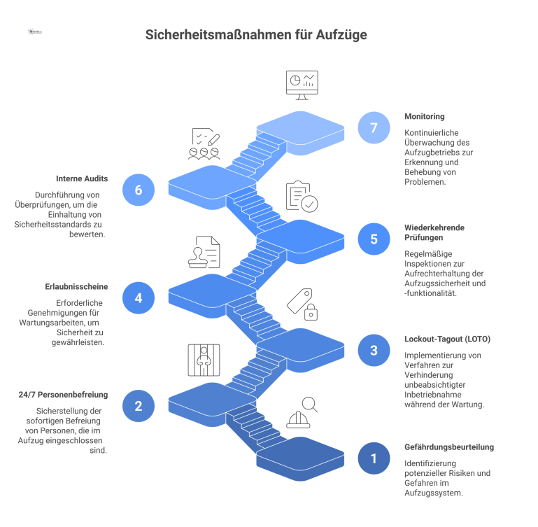 Sicherheitsmaßnahmen für Aufzüge: Pflicht & Empfehlung Infografik zu organisatorischen Sicherheitsmaßnahmen für Aufzüge, unterteilt in die zwei Bereiche Pflicht (rot) und Empfehlung (gelb) mit Symbolen.