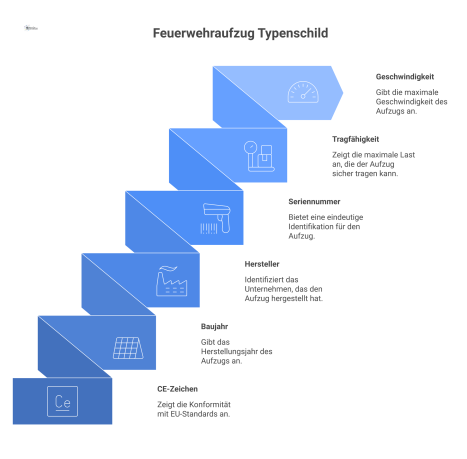 Technisches Diagramm eines Typenschilds für einen Feuerwehraufzug, das CE-Zeichen, Hersteller, Baujahr, Seriennummer, Tragfähigkeit und Geschwindigkeit anzeigt.