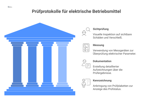  Infografik zum Prüfprozess elektrischer Betriebsmittel, unterteilt in Sichtprüfung, Messung, Dokumentation und Kennzeichnung, mit Icons für Fachkraft und Gerät.