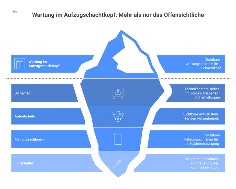 Schnittbild: Wartung im Aufzugschachtkopf Technisches Schnittbild eines Aufzugschachtkopfs mit einem Techniker, der sicher auf dem Fahrkorb an der höchsten Position Wartungsarbeiten durchführt.