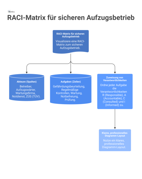 Eine RACI-Matrix, die Verantwortlichkeiten für den sicheren Aufzugsbetrieb zwischen Betreiber, Wartungsfirma, Notdienst und ZÜS/TÜV visuell darstellt. 
