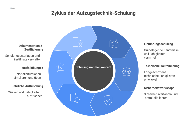 Schulungsrahmenkonzept für Aufzugstechnik Diagramm Ein Hub-and-Spoke-Diagramm zum Schulungsrahmenkonzept für Aufzugstechnik mit den sechs Speichen Einführung, Weiterbildung, Sicherheit, Auffrischung, Notfall und Zertifizierung.