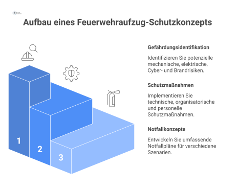 Diagramm zum Schutzkonzept für Feuerwehraufzüge, bestehend aus den drei Säulen Gefährdungsidentifikation, Schutzmaßnahmen und Notfallkonzepte, basierend auf Normen.