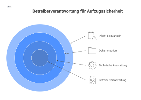 Infografik zeigt einen Aufzug und die drei Verantwortungsbereiche: technische Ausstattung mit Icons, Dokumentation als Ordner und Pflichten bei Mängeln.