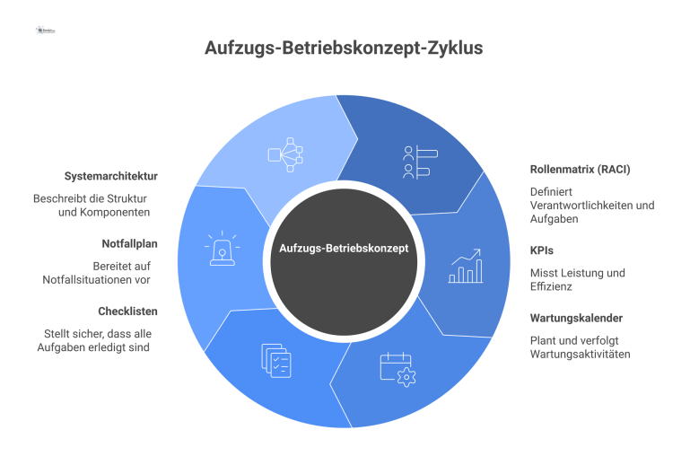 Aufzugs-Betriebskonzept als Hub-and-Spoke-Diagramm Ein Hub-and-Spoke-Diagramm für ein Aufzugs-Betriebskonzept mit einem modernen Aufzug im Zentrum und Speichen zu den Kernelementen.