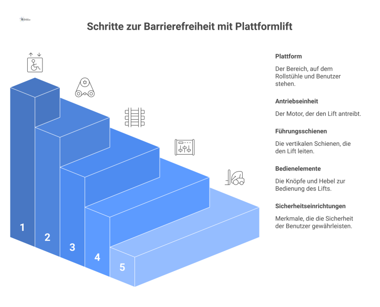 Technisches Diagramm eines Plattformlifts Eine technische Infografik eines Plattformlifts für Barrierefreiheit, die die Hauptkomponenten Plattform, Antriebseinheit, Führungsschienen, Bedienelemente und Sicherheitseinrichtungen zeigt.