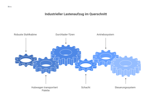 Querschnitt eines industriellen Lastenaufzugs mit Stahlkabine, in der ein Hubwagen eine Palette transportiert, und sichtbaren Komponenten wie Antrieb und Steuerung. 