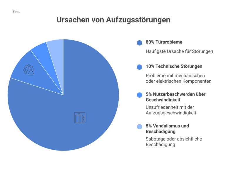 Infografik mit Kuchendiagramm: 80% der Störungen sind Türprobleme, umgeben von Icons für technische Defekte, Nutzerbeschwerden und Vandalismus. 