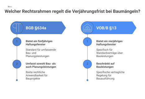 Zwei parallele Zeitstrahlen vergleichen die Verjährungsfristen für Baumängel: 5 Jahre nach BGB und 4 Jahre nach VOB/B.