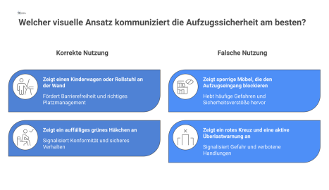 Zweigeteilte Infografik zur Aufzugsnutzung: links korrekt mit freier Tür und rechts falsch mit durch Möbel blockierter Tür.