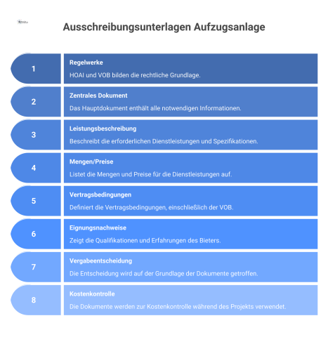 Diagramm der Ausschreibungsunterlagen einer Aufzugsanlage mit den Schlüsselelementen Leistungsbeschreibung, Mengen/Preise, Vertragsbedingungen und Eignungsnachweise. 