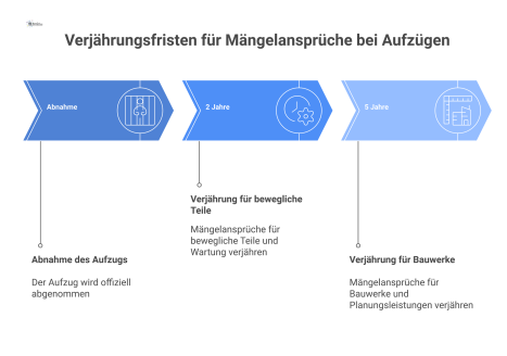 Infografik-Timeline, die die Verjährungsfristen für Mängelansprüche bei Aufzugsanlagen zeigt, unterteilt in 5 Jahre für Bauwerke und 2 Jahre für Wartung. 