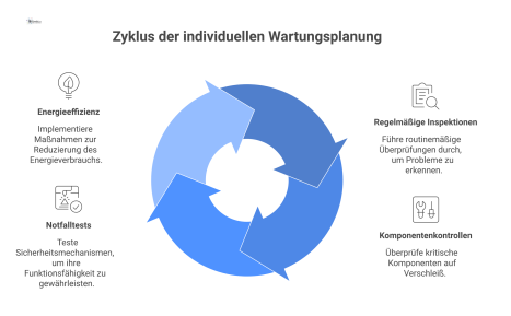 Ein Diagramm mit dem zentralen Element 'Individueller Wartungsplan' und vier davon ausgehenden Bereichen: Inspektionen, Komponentenkontrollen, Notfalltests und Energieeffizienz.